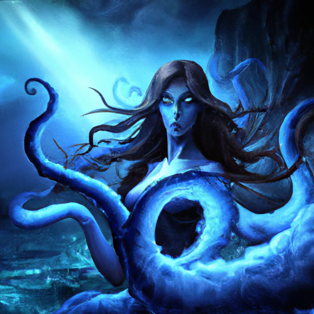 Prompt: evil giant Cthulu god, tentacles, fantasy, mist, bioluminescence, hyper-realistic,  fear, with a dark female angel floating in the clouds, with a soft detailed face, young soft glowing skin tone, attractive, charismatic, blushed cheeks, sultry blazing blue eyes, blood red lips, shapely nose, radiates facial beauty, resolute, strong, dark clouds, William-Adolphe Bouguereau-like, realistic detail, hyper-realism, 8k