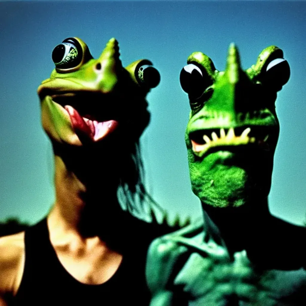 Prompt: two dark surrealistic 🗿🐸🐴monsters from 80's, photo portrait