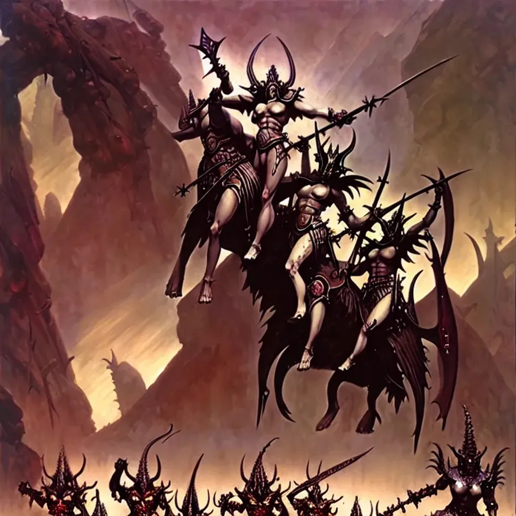 Prompt: Demon androgynous heavy armored and armed fey elves of Slaanesh march to battle, banners, fantasy art by Frank Frazetta, by Marc Simonetti, highly detailed, oil on canvas