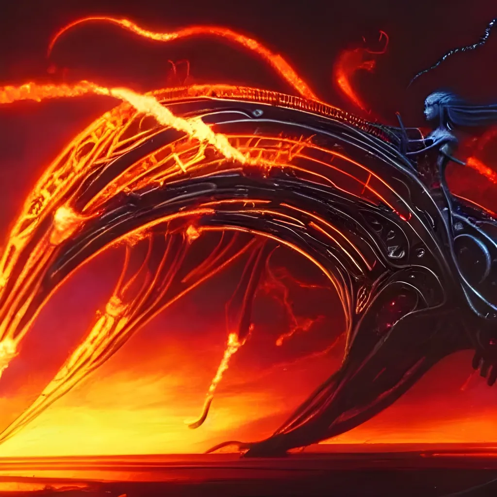 Prompt: Magic the gathering artwork of a Phyrexian mechanical mother rising above an ancient cityscape in flames, 8k hd, extremely detailed, selina fenech