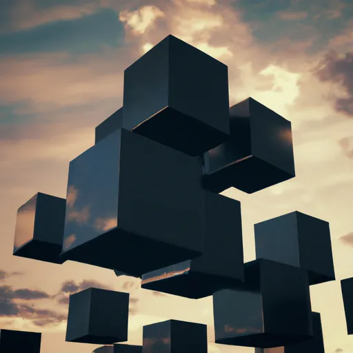 Prompt: Big cubes made of black metal levitating high in the sky during sunset, trending on DeviantArt