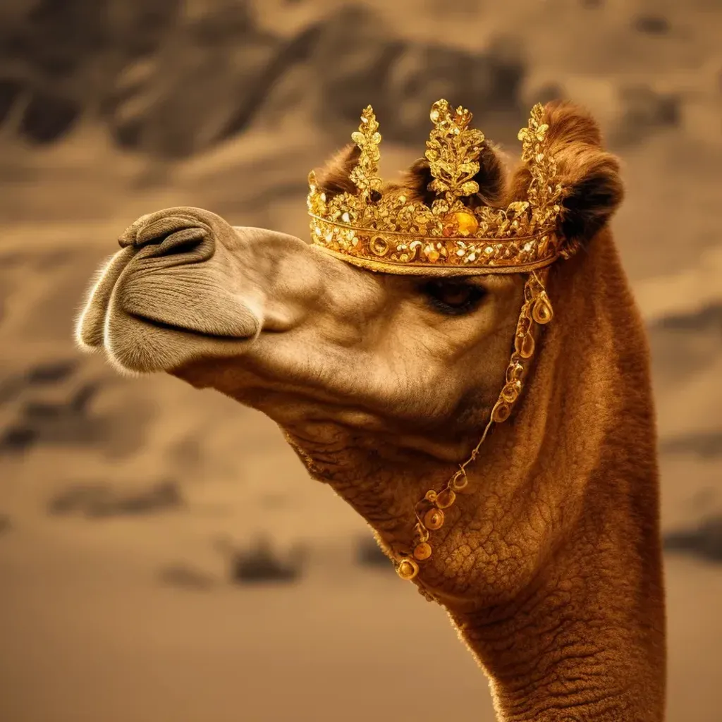 Prompt: hd nature photography picture of a camel wearing a gold crown with amber stones inlaid in the crown