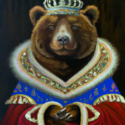 Prompt: An oil painting portrait of a kodiak bear wearing medieval royal robes and an ornate crown on a dark background