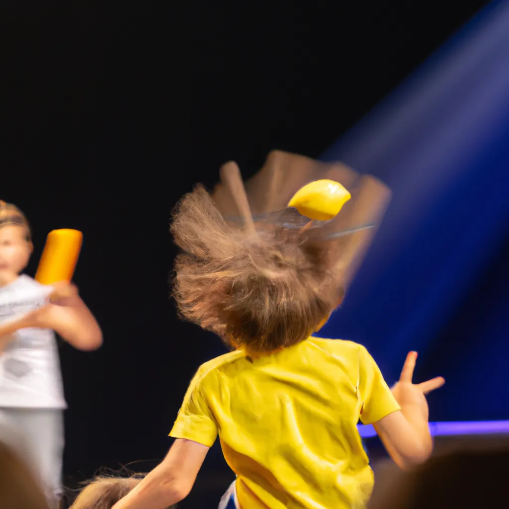 Prompt: A kid is on stage singing a song, someone in the audience throws a lemon at kids head at an insanely high rate of speed, the impact of the lemon hitting the kid in the back of the head makes the kid flip forward and airborne, the lemon explodes upon impact, realistic, hilarious, sharp impact, freeze frame


