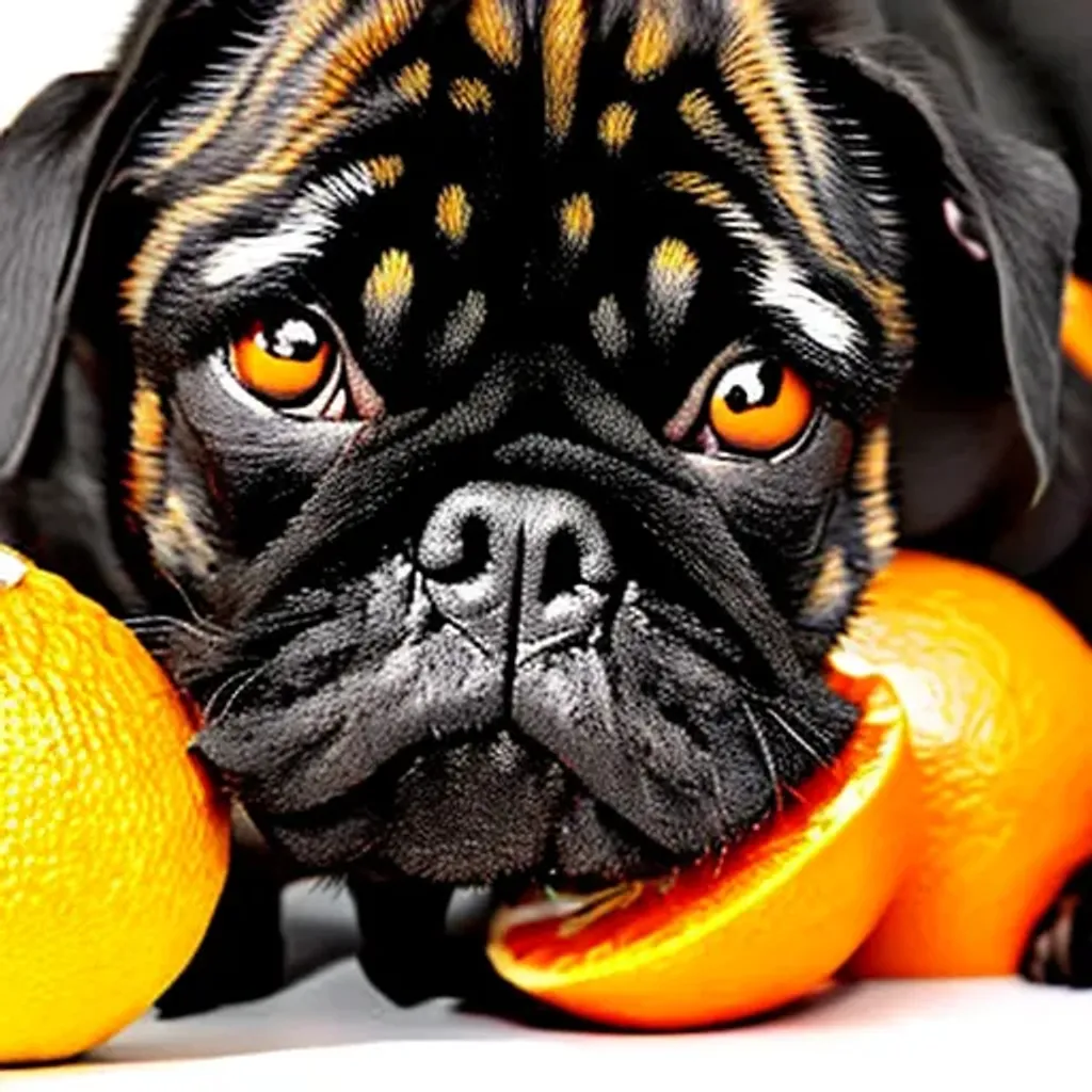 Prompt: Black pug eating oranges highly realistic detailed photo 64k uhd