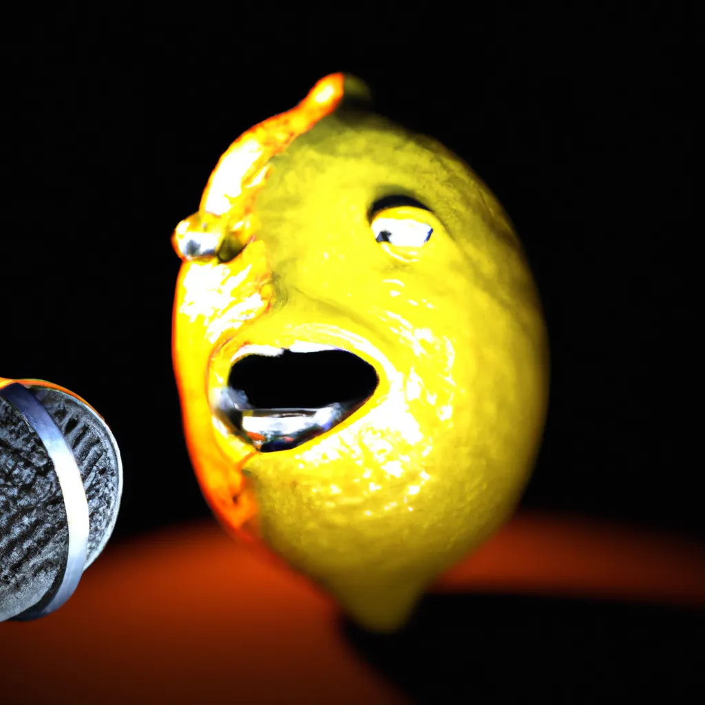 Prompt: bumpy yellow lemon with scared screaming face, screaming into microphone, under spotlight in dark room, close-up, cinematic, octane render, ray tracing art