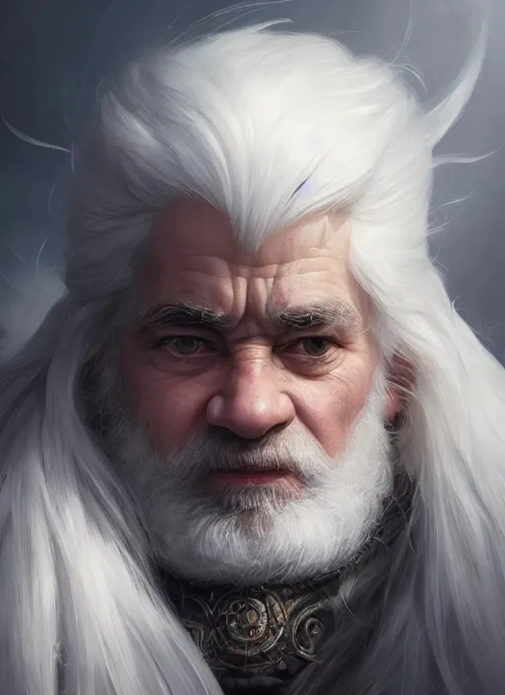 Prompt: Portrait of dwarf with straight white hair and  perfect composition, hyperrealistic, super detailed, 8k, high quality, trending art, trending on artstation, sharp focus, studio photo, intricate details, highly detailed, by greg rutkowski