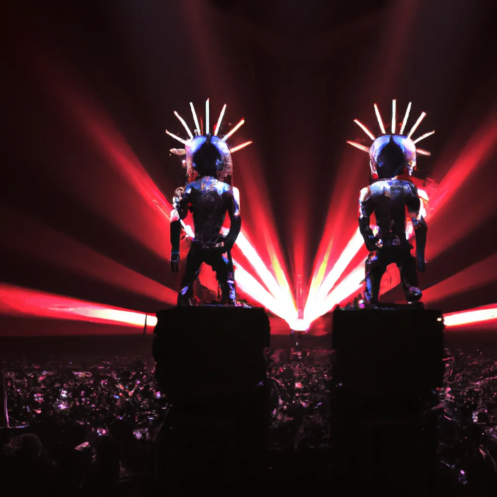 Prompt: Daft Punk in a large concert, huge crowd in audience, facing stage, zoom lens, ultra realistic, artstation, dramatic lighting, majestic lights, intricate detail