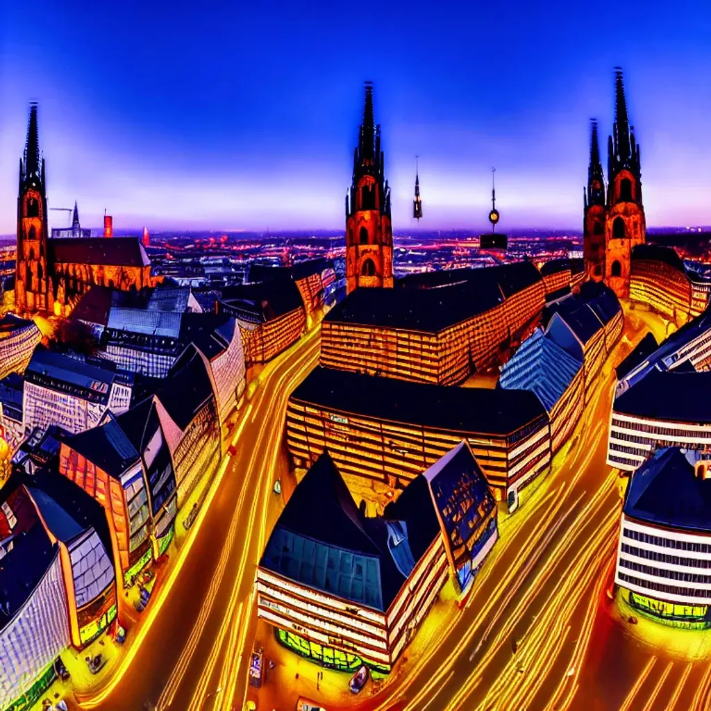 Prompt: Cyberpunk city, German architecture, German gothic church, German timber frame buildings, cobblestone streets, broad light, wide angle, over the shoulder point of view, futuristic German city, city plaza, bloom lighting effect, highly detailed, picturesque, romantic, vivid colors, European city