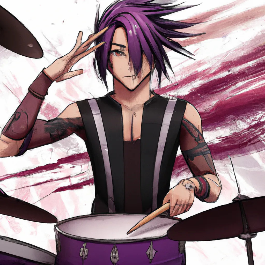 Prompt: anime boy, undercut purple/black hair, tan skin, hazel eyes, attractive, hot, popular drummer, playing the drums, edgy, tattoos, multiple piercings, popular online, kyoto animation, animation, anime, animated, 2010s anime, key visual, main character, character design, character concept, Free! anime, saturated colors, high quality, 8k, A3!, B Project, Given anime, Otame games, manhua, manhwa, perfect composition, beautiful detailed intricate insanely detailed octane render trending on artstation, 8 k artistic photography, photorealistic concept art, soft natural volumetric cinematic perfect light, chiaroscuro, award - winning photograph, masterpiece, oil on canvas, raphael, caravaggio, greg rutkowski, beeple, beksinski, giger