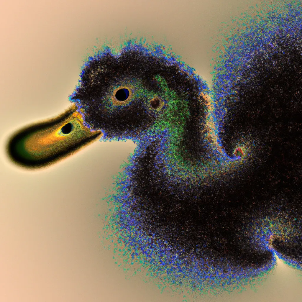 Prompt: mad duck, clean render of mandelbrot set made of dusty tiny rainbows