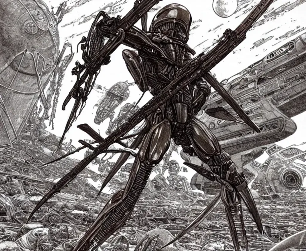 Prompt: Man with long dark brown hair holding weapon wearing battlesuit in alien dessert standing next to destroyed alien craft, by Makoto Kobayashi, by Moebius, by Jean Giraud, manga, anime style, 80's, Intricate, Hand drawn, concept art, grainy color, dim lighting, Anime Key Visual, beautiful composition