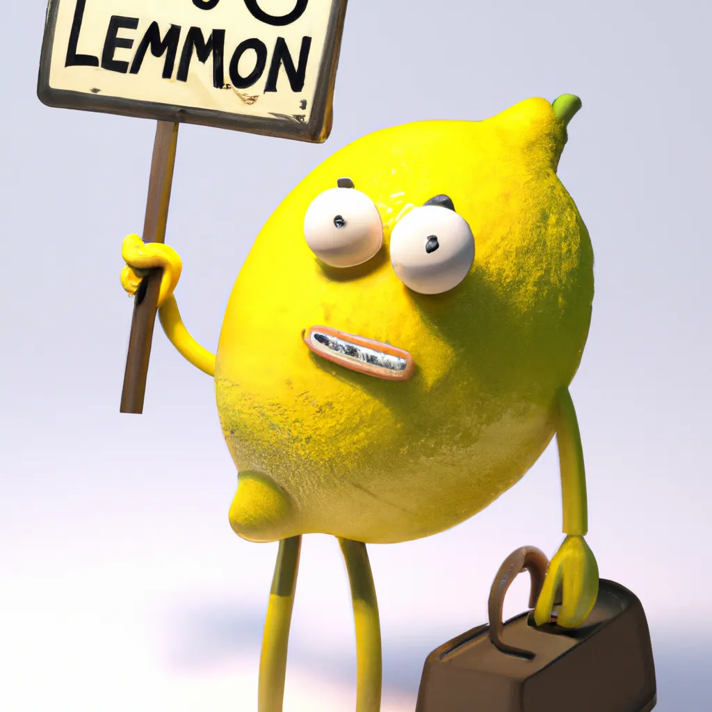 Prompt: A lemon, who is hitchhiking, holding a sign that says to Lemongrab. The lemon is a 3d render of the earl of Lemongrab from adventure time