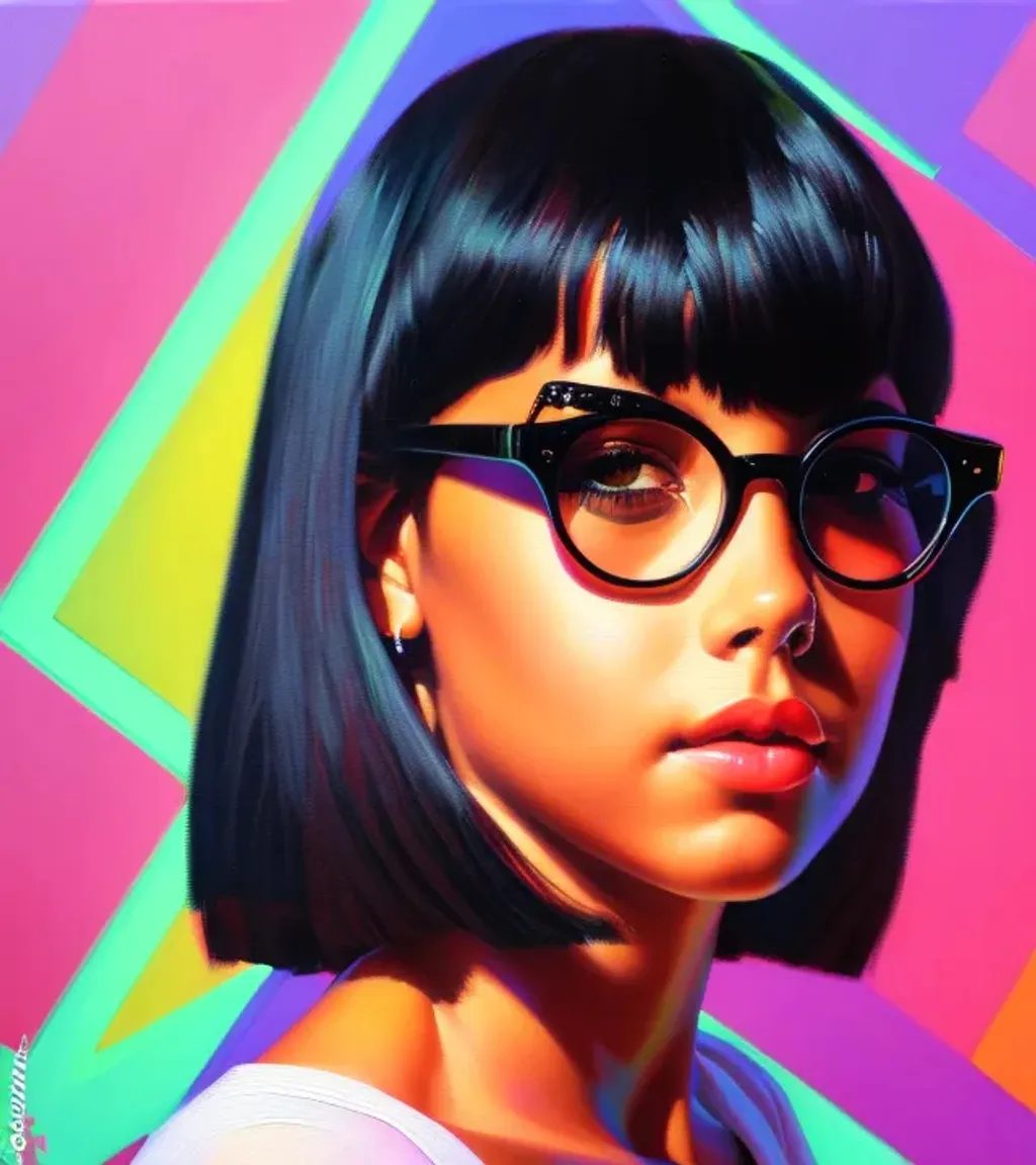 Prompt: Portrait of a 13-year old girl, brazilian, tanned skin, short black hair, bangs, brown eyes, glasses, cyberpunk, neon colors, 80s, red cheeks, extremely detailed painting by Greg Rutkowski and by Henry Justice Ford and by Steve Henderson
