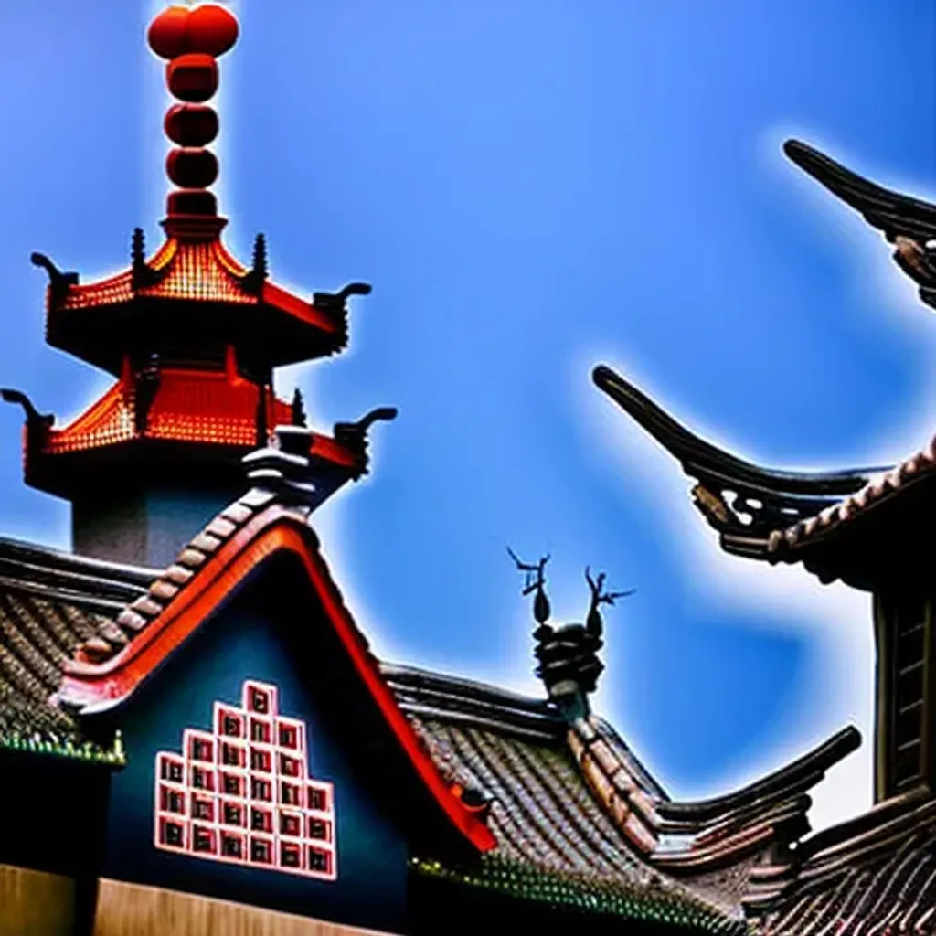 Prompt: A blend of Gothic architecture and Chinese architecture, tiled roofs, steeple, photograph, broad light, cinematic lighting, rich lighting, vivid colors, highly detailed