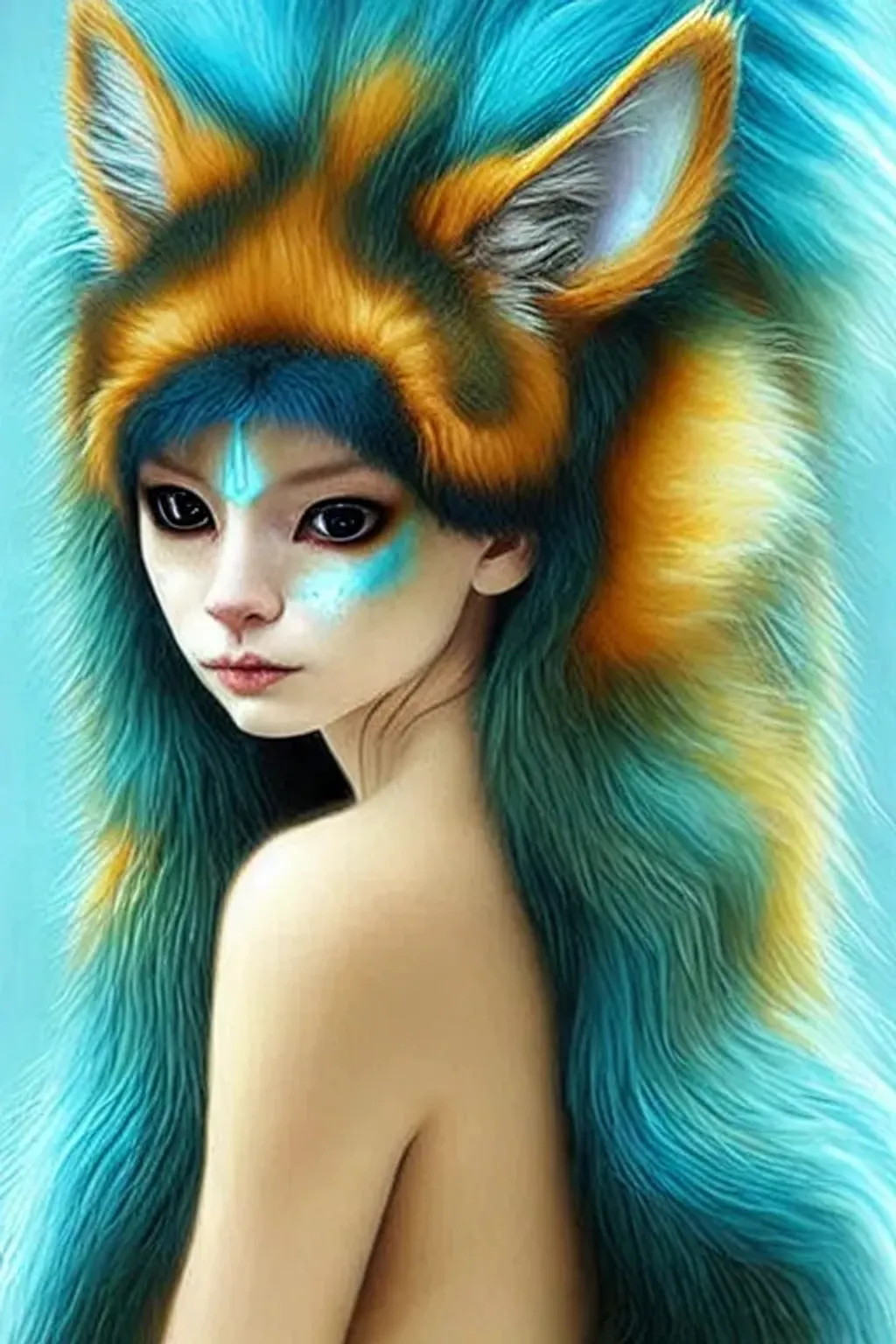 Prompt: Awesome kitten shapeshifter humanoid, fursona, blue, Turquoise, cream eyes, very long luxurious hair, glowing headdress, sinusoidal flecked fur, furaffinity, in the style of Mandy Jurgens, Chie Yoshii, Calico-influence, seahorse-influence, fantasy micro particles, starfires, beautiful fractal mandala background theme, in the style of m.c. Escher, volumetric mist, detailed and intricate, elegant aesthetic, ornate, artefact, otherworldly, perfection, awesomeness, glee, volumetric lighting, coffee tangerine charcoal sky-blue, clear focus, clarity, cinematic, 128K UHD, Unreal Engine 5, pi, fractal, fBm
