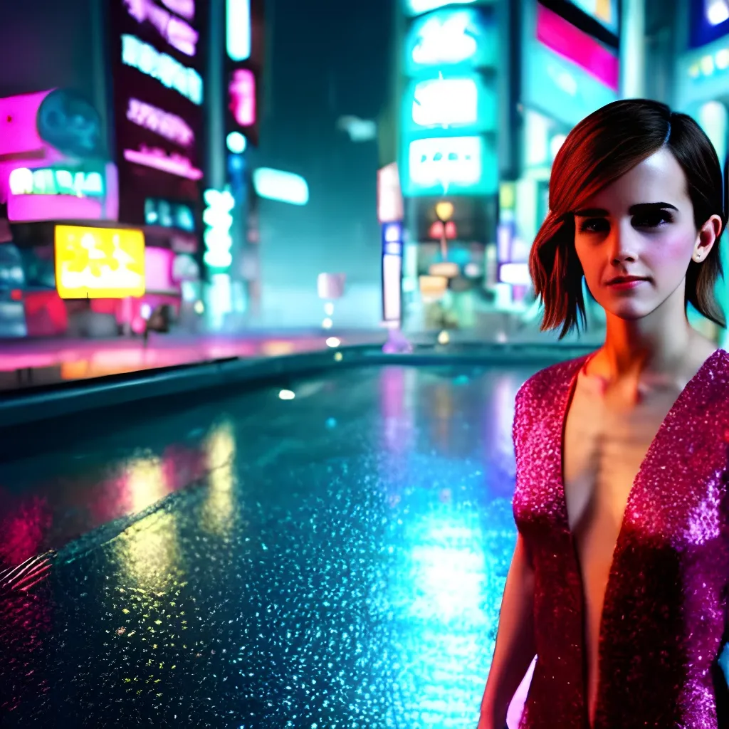 Prompt: full body photorealistic beautiful smiling Emma Watson wearing Short V-Neck Red Glitter Party Dress, cyberpunk 2077 color, ultradetailed face expression, heavy rainning at tokyo night, neon light rooftop unreal 5, DAZ, 8k, unreal 5 engine render, cosplay, RPG portrait, final fantasy Vll world concept, dramatic lighting, rim lights, PS5 render quality