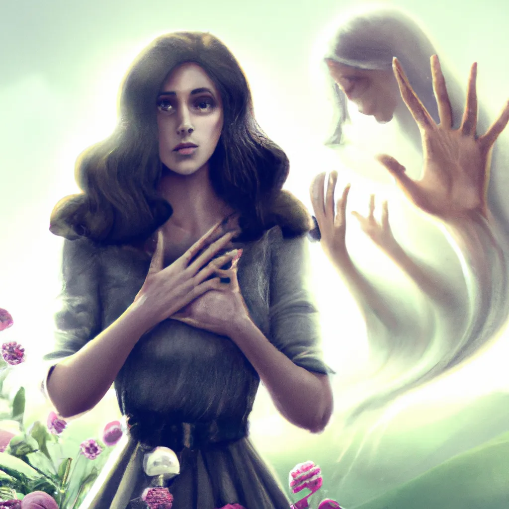 Prompt: Detailed intricate hyper realistic ultra realistic expressive surrealism sharp clear digital airbrush by Anna Dittmann, Tom Bagshaw, Gil Elvgren. Movie still poster of a Shadow Ghost soul crying in an argument with a friend while holding a broken heart in her hand in a spring flowery landscape.