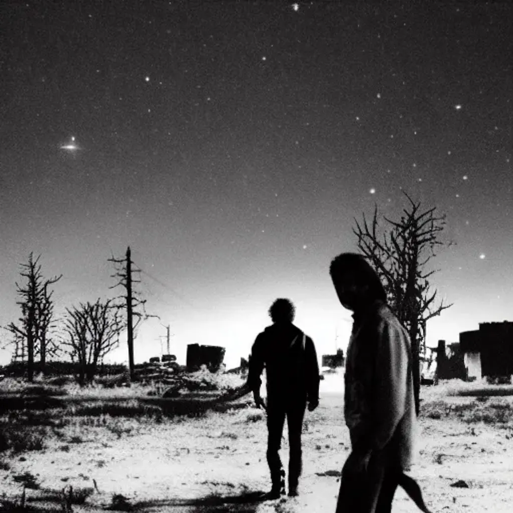 Prompt: A post apocalyptic world at night with big star in the black sky.