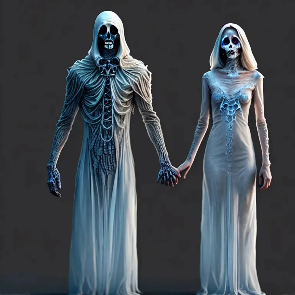 Prompt: male undead Lich Necromancer with, female ghost in translucent dress, standing together and hold their hand, highly detailed, photorealistic, organic textures, 4 k, octane render, intricate, elegant, highly detailed, digital painting, artstation, concept art, smooth, sharp focus, illustration