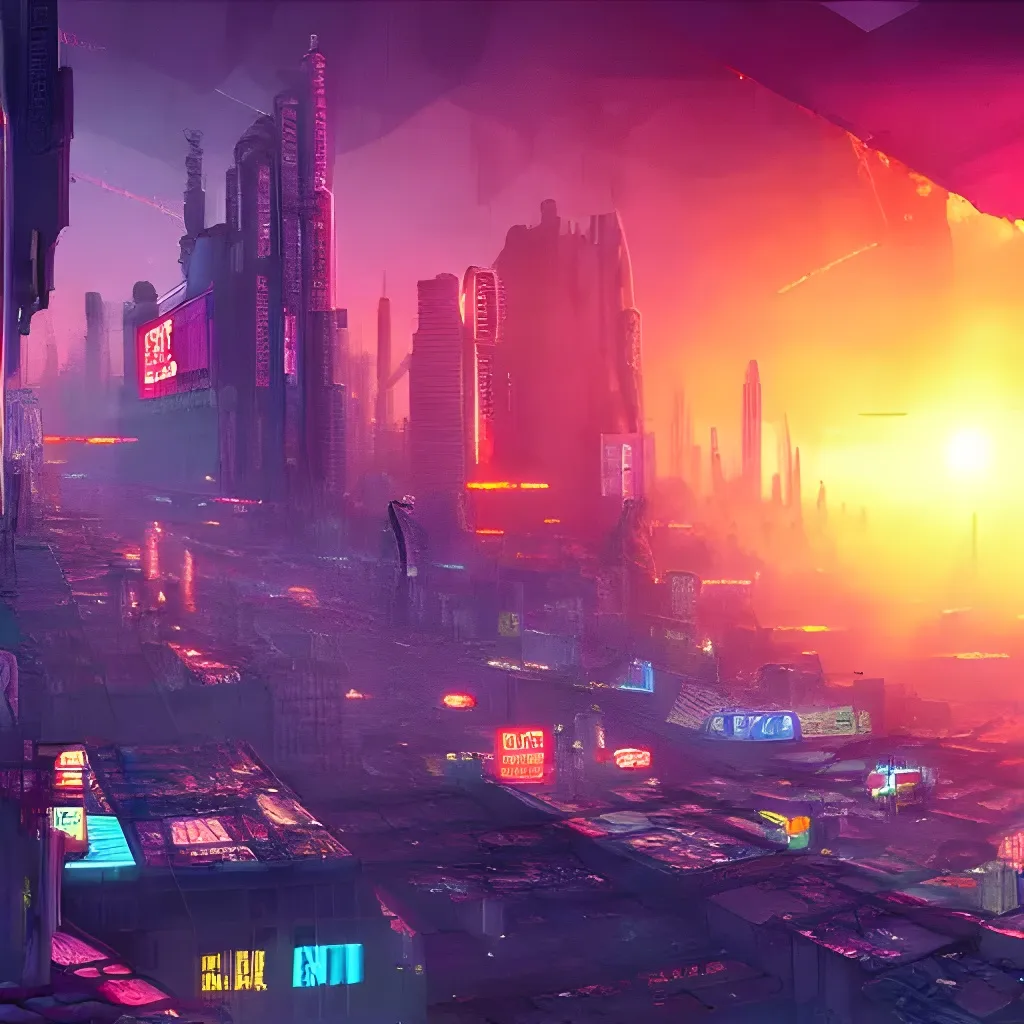 Prompt: A city destroyed by a sunbeam , colorful funny cyberpunk style, highly detail, 