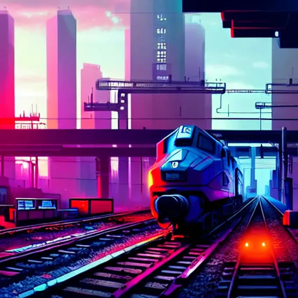 cyberpunk locomotive on railroad through cyberpunk i... | OpenArt