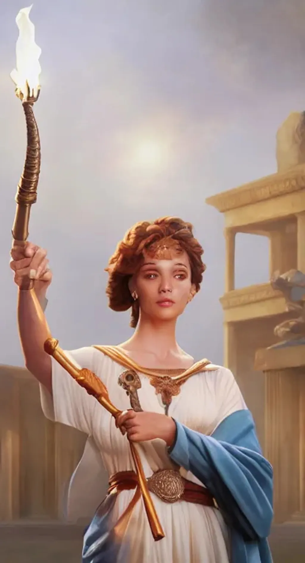 Prompt: a painting of a woman holding a torch, a statue, cgsociety, still image from the movie, greek mythology characters