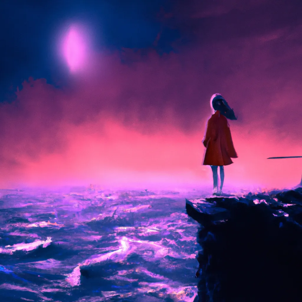 Prompt: A girl standing on a cliff high above the ocean, the ocean water is red, the moon is in the background, digital art