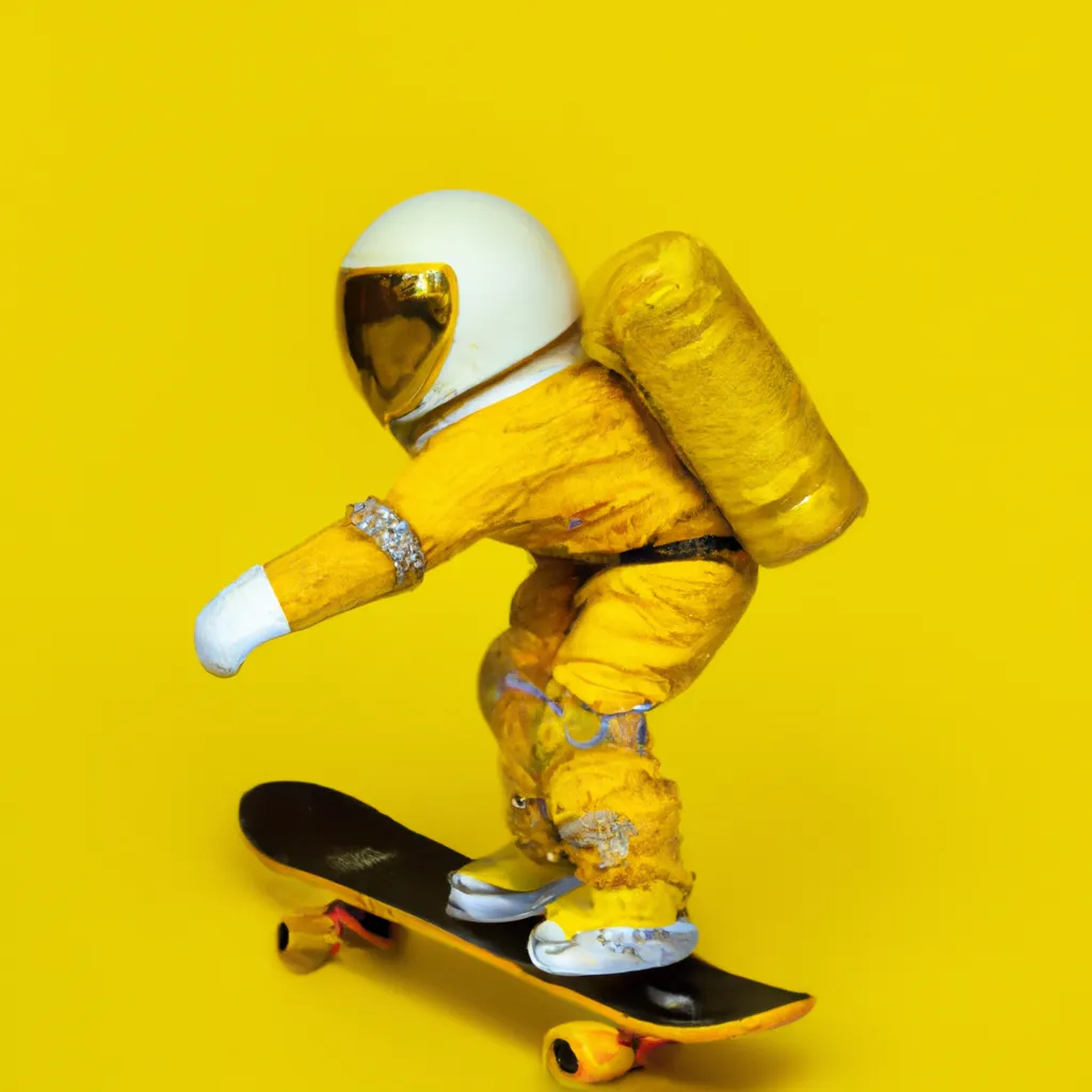 Prompt: a photo of a yellow astronaut riding a skateboard