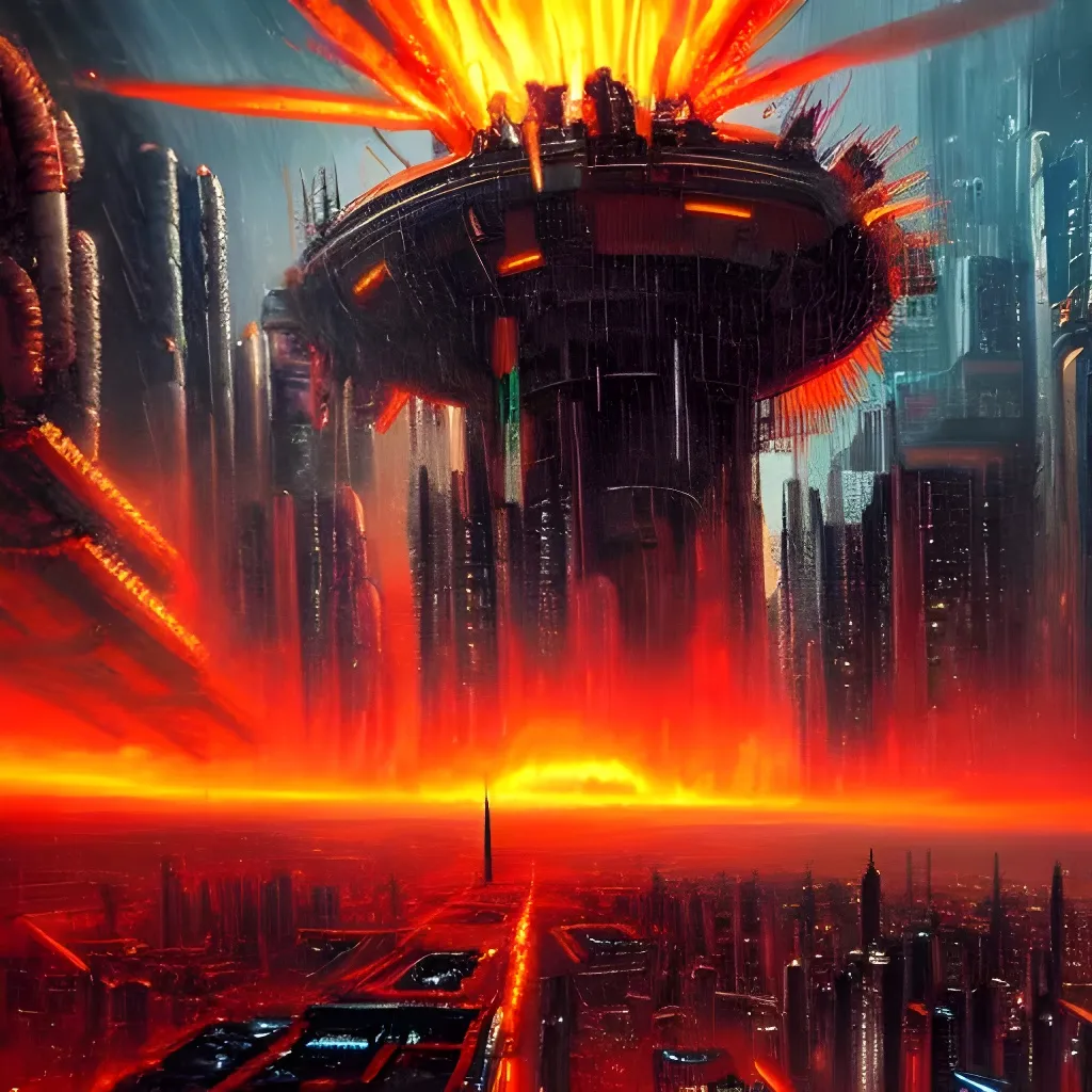 Prompt: A thermonuclear explosion rocks the cyberpunk city of tomorrow, blade runner, alien landscape, city in ruins, incredible vista, tech, in the style of a very highly detailed oil painting, xenomorphic