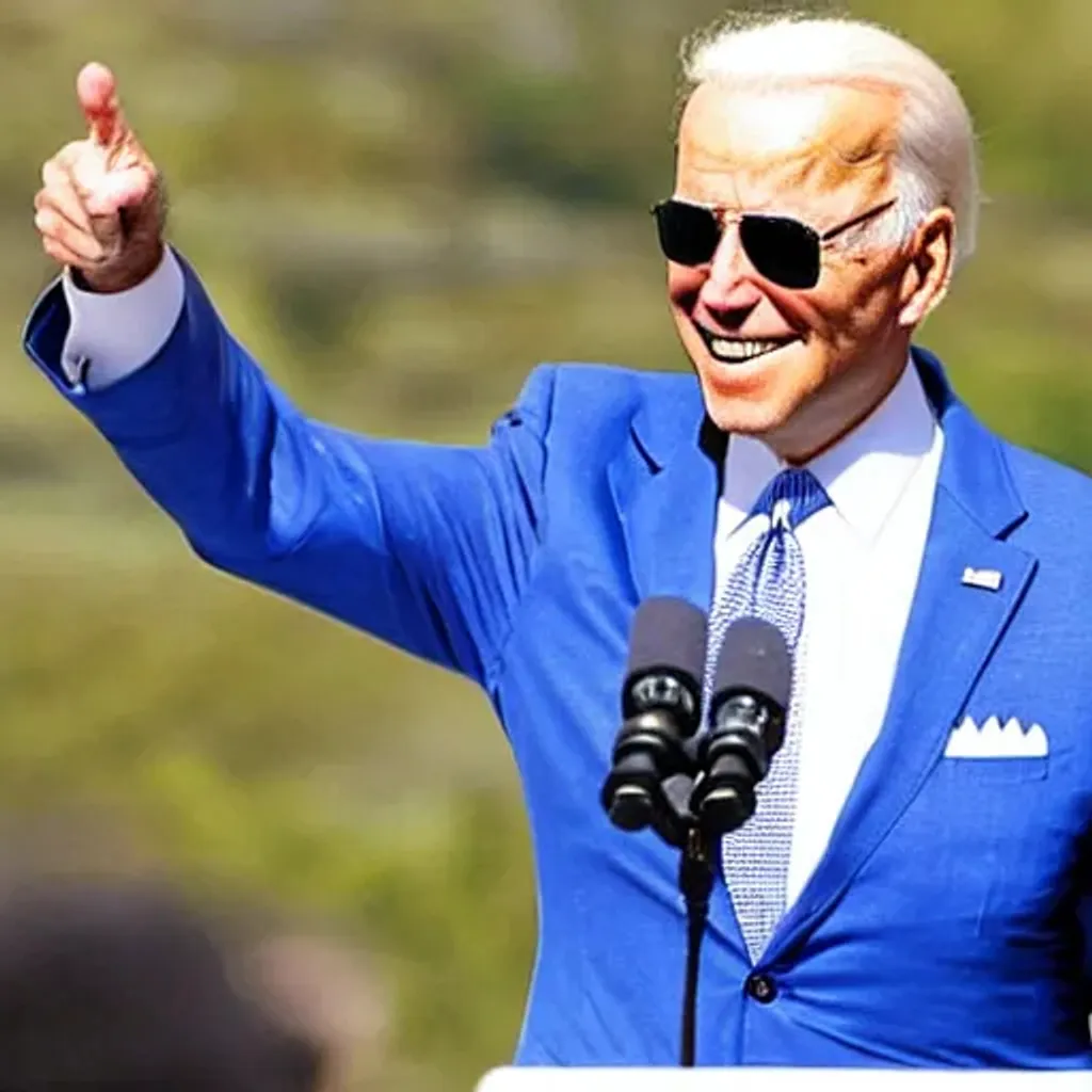 Prompt: Joe Biden, 4k, Wearing Sun Glasses, blue_suit, Great Smile, Important Confidence. Endearing. Golden Ratio. Super Cool!