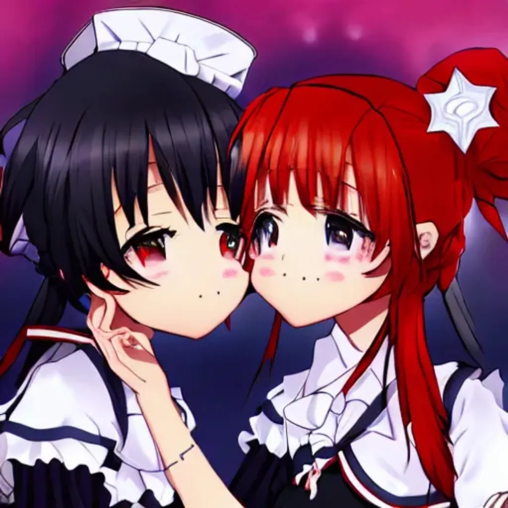 Prompt: 2_anime_girls,kissing,bedroom,maid_uniform,red_hair,blonde_hair,detailed,4k,romantic