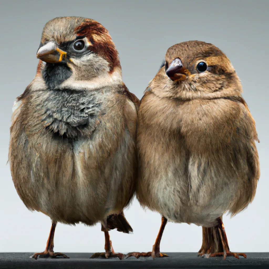 Prompt: Photorealistic portrait of a cute pair of male and female sparrow sitting pretty, fit lean & muscular, gorgeous symmetrical eyes,  striking intricate fur, facial asymmetry, soft lighting, cold lighting, fine-arts photography, award-winning photo, by Martin Schoeller 8k high definition  full body