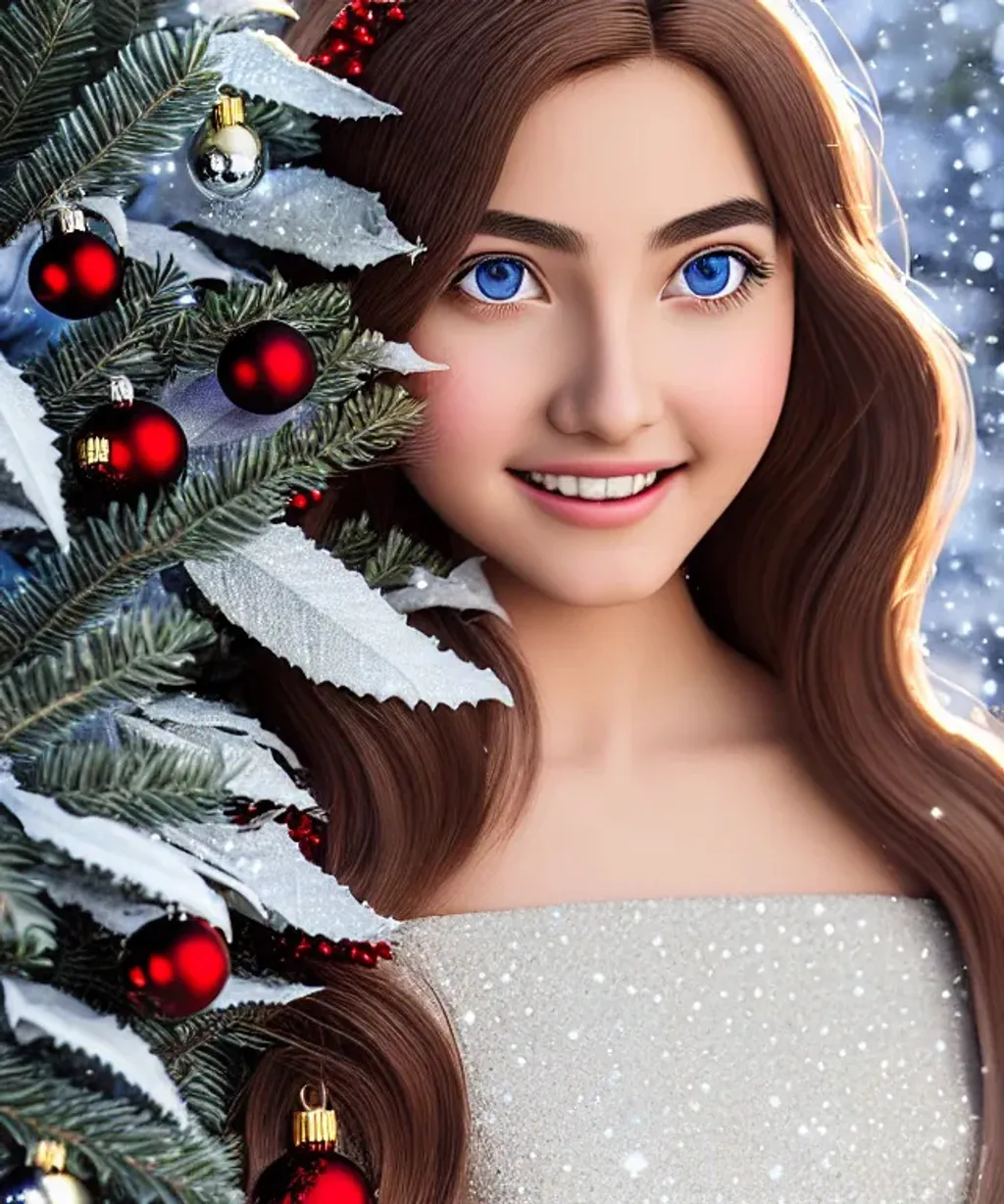 Prompt: Teenager, attractive, elegant, confident, optimistic, smiling, indigo pine red fulvous silver photorealistic beautiful big eyes, heavenly look, highly detailed modern Christmas style clothing, fine skin details ((centered composition)) by Singer Sargent, McNeall Whistler, Winter, snowflakes, poinsettia,  ultra realistic, portrait painting, global illumination, occlusion, volumetric lighting, volumetric mist, sharp focus, narrow DoF, 128K UHD Poser, octane 