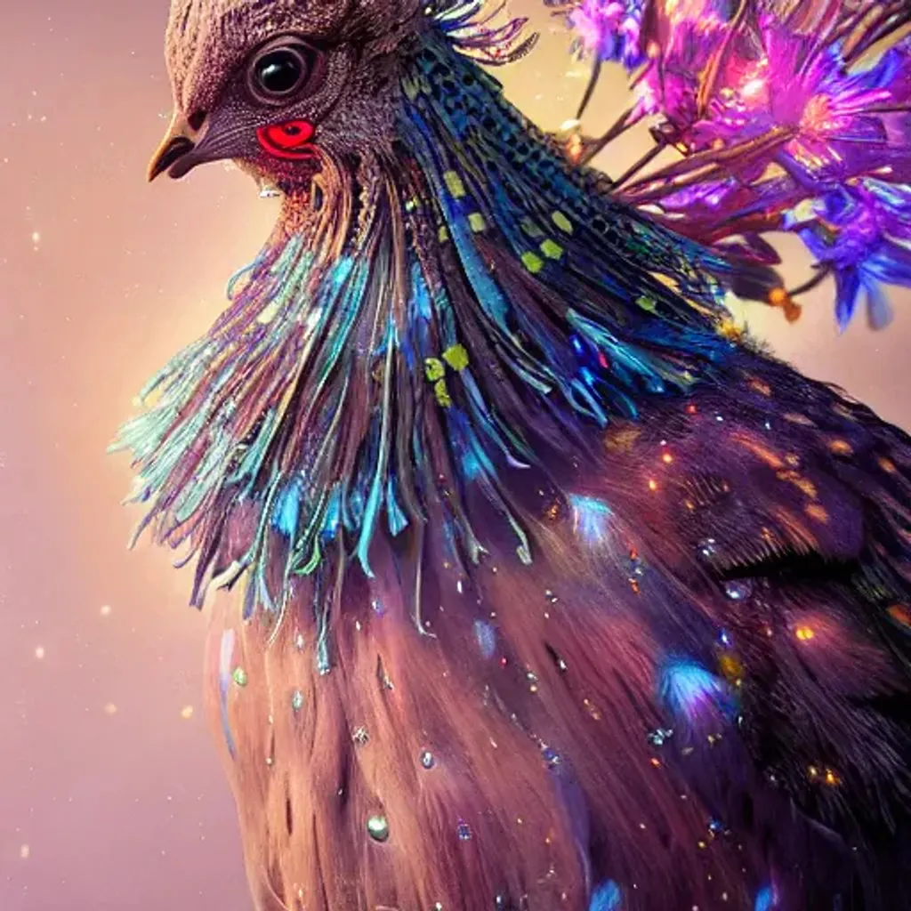 Prompt: Insanely detailed photograph portrait of A Wyandotte Chicken surrounded by giant bioluminescent flowers intricate glowing feathers intricate face beautiful feathers hyperdetailed painting by Ismail Inceoglu Huang Guangjian and Dan Witz CGSociety ZBrush Central fantasy art album cover art 4K 64 megapixels 8K resolution HDR Greek light colours celestial