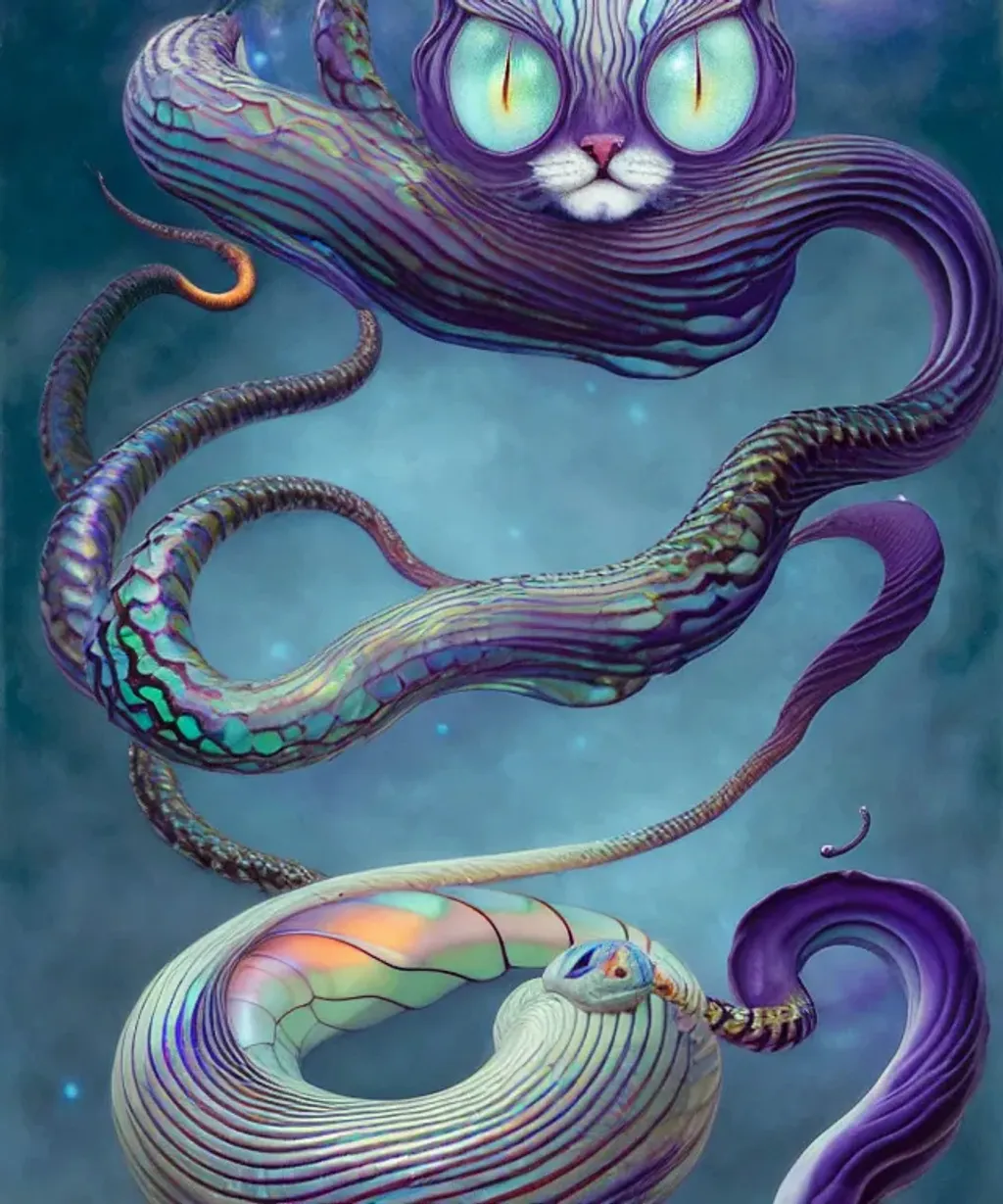 Prompt: Large swirling ((iridescent (((cat-snakes)) by Daniel Merriam, victo ngai ))) indigo aubergine cream peach silver photorealistic eyes, cobra-influence, glowing translucent ((seed pods) by ((Noah Bradley, John Berkey)) background theme ultra realistic, ((billowing veils) made of thin biological membrane, high index of refraction, bioluminescent (fractal cats) ((sparking fibre optic cables)) by ((alex alemany, Howard David Johnson))  global illumination, smokey sky, fBm clouds, sunlight and shadows,  cinematic, ultra realistic, sense of high spirits, electrical tension, sparks, volumetric fog,  volumetric lighting, occlusion, Houdini 128K UHD fractal, pi, fBm