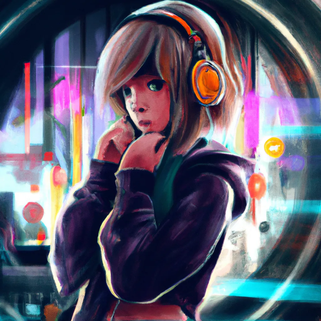 futuristic anime style girl listening to music with headphones