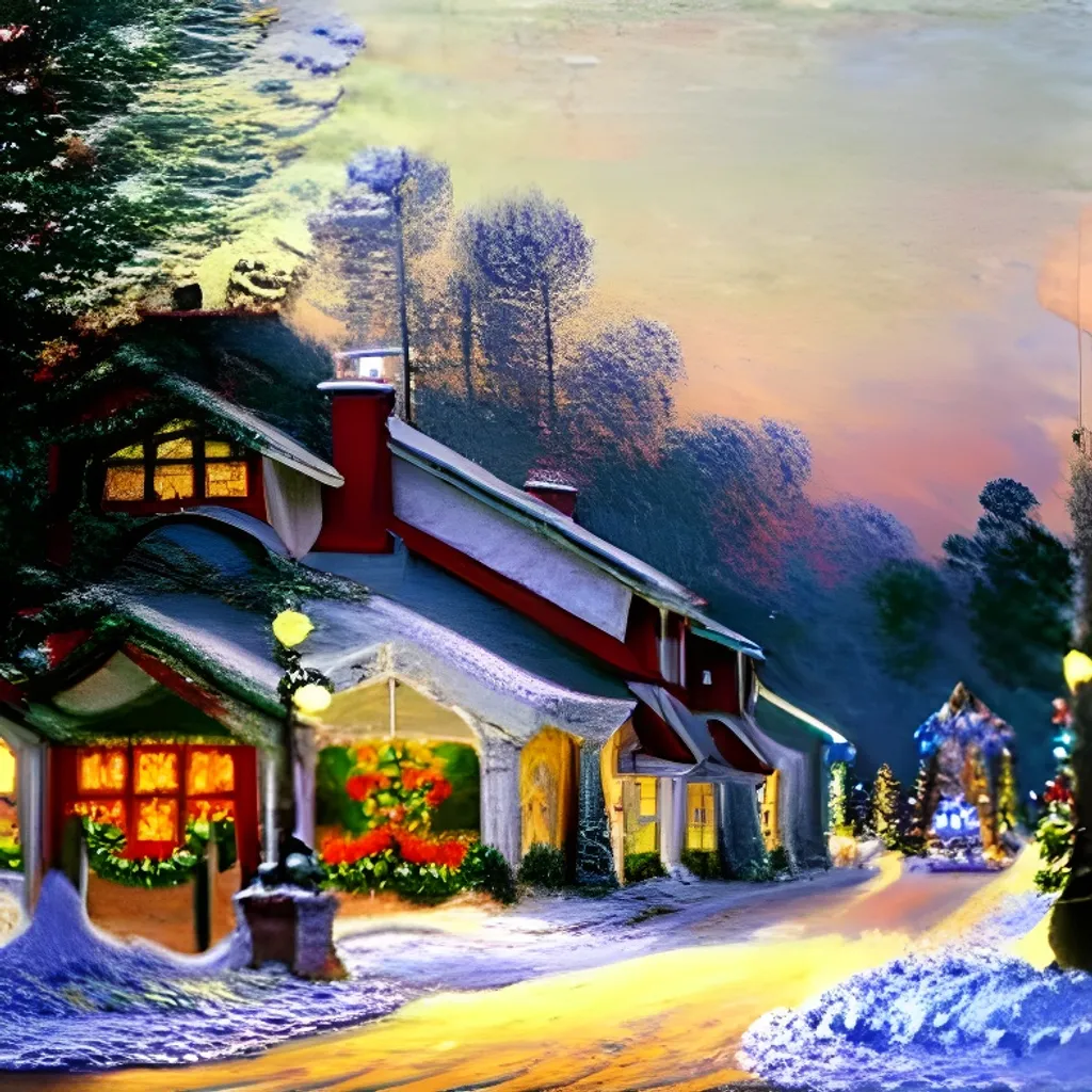 Prompt: A matte painting of a snow-filled Christmas scene of a nicely decorated home by the roadway, a hyper-realistic, hyper-detailed, epic, 4k, intricate, cinematic, professional, finely detailed, masterpiece, by Monet