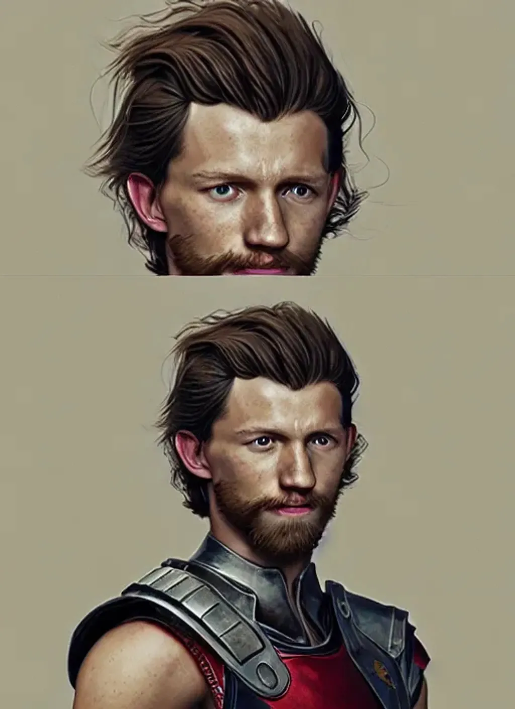 Prompt: Portrait of {Tom Holland as an warrior} with {brown} hair and a beard and with cute face, {ruined castile}, perfect composition, hyperrealistic, super detailed, 8k, high quality, trending art, trending on artstation, sharp focus, studio photo, intricate details, highly detailed, by greg rutkowski