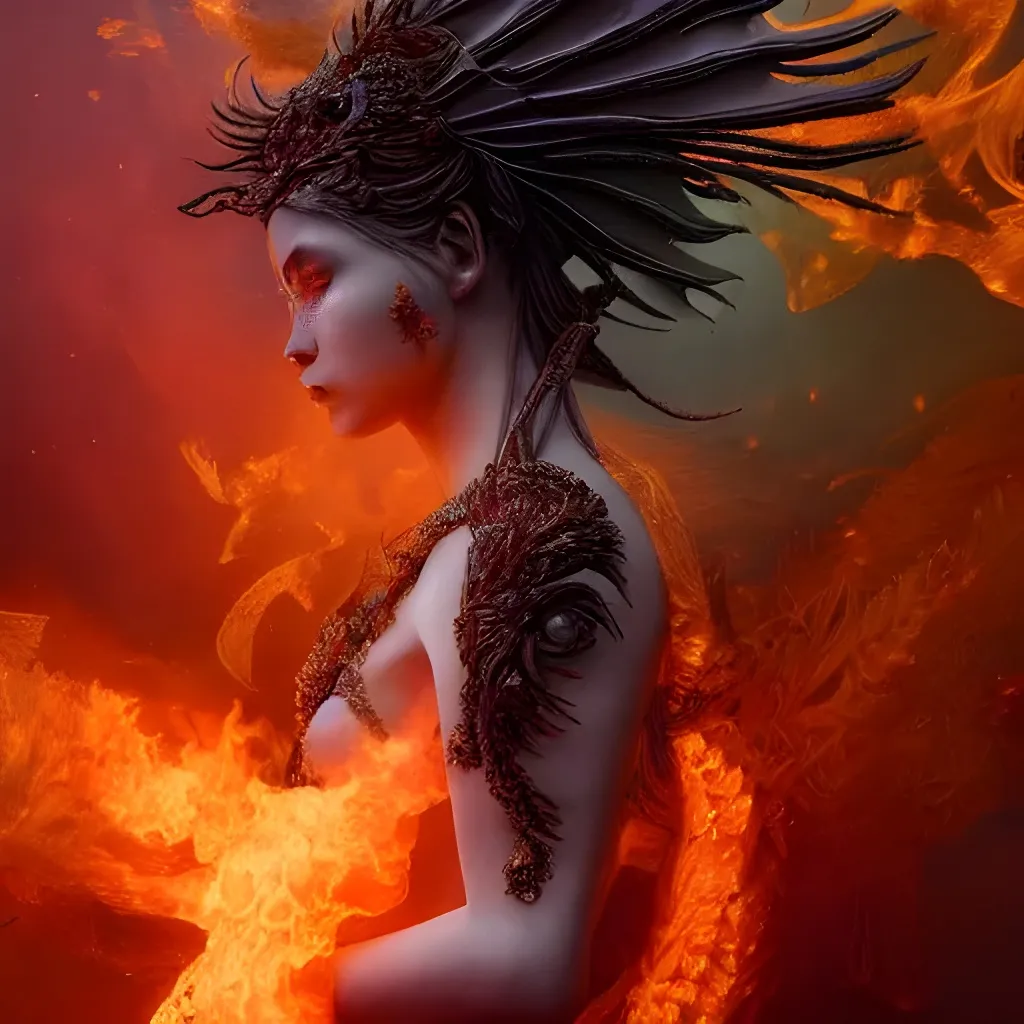 Prompt: beautiful detailed cgi matte painting female goddess of fire, by ellen jewett, alessio albi | symmetrical features, ominous, alluring, vivacious, realism, intricate, ornate, royally decorated, organic, growth, whirling nebulas, glowing particles, colorful adornments, colorful torn fabric, radiant colors