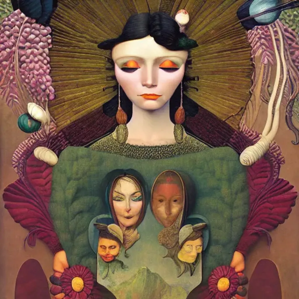 Prompt: Peruvian arpillera Oxana dobrovolska victo ngai henry rousseau Vladimir kush peregrine heathcoate catrin welz-stein Andrea kurti Andrea kowch richard dadd tamara lempicka mads berg coles philips Modigliani 