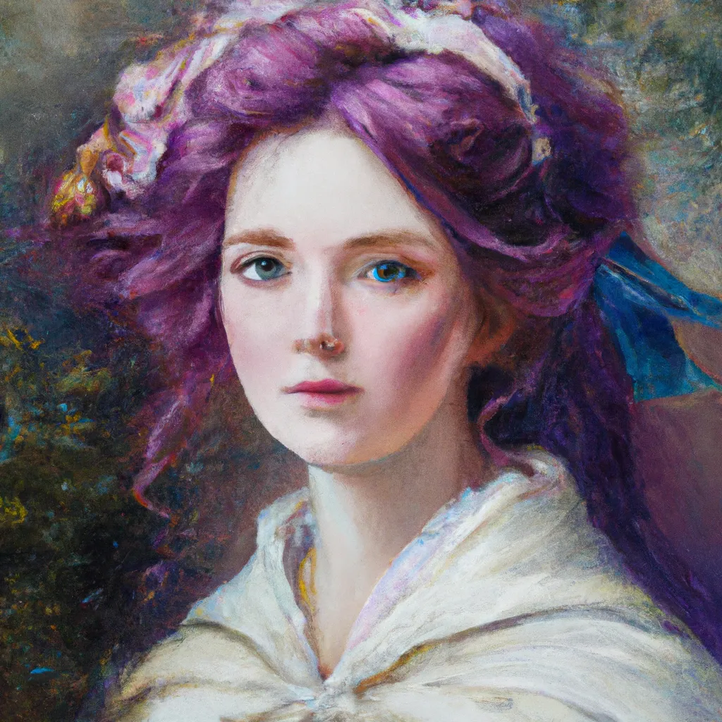 Prompt: portrait of beautiful purple haired Victorian woman with pink eyes, splash of pastel colours, airy, realistic, figurative painter, fineart, Oil painting on canvas, beautiful painting by Daniel F Gerhartz
