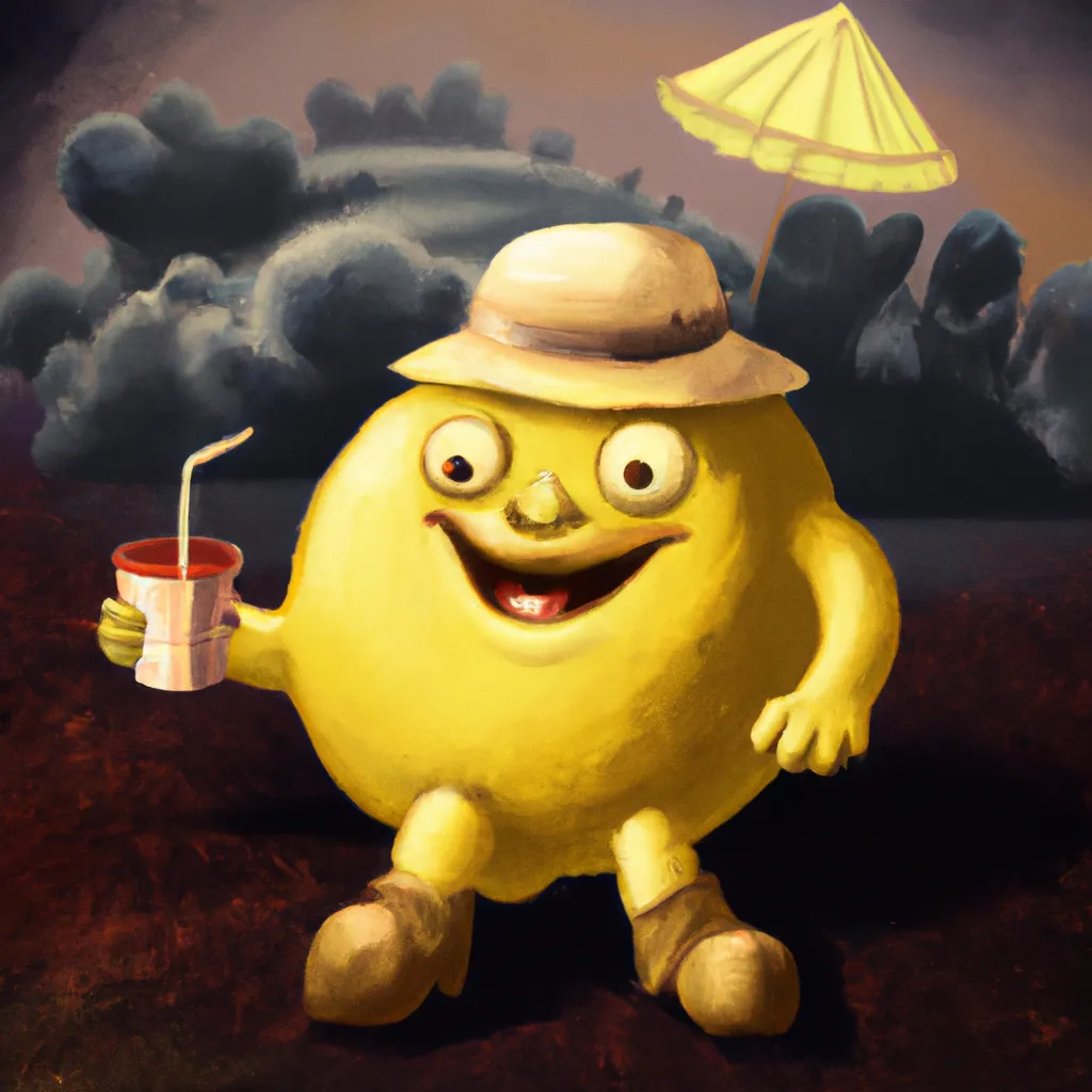 Prompt: a big, round happy lemon with a happy face, a hat, short legs, holding lemonade, in the background is a very dark second world war scene with a atomic mushroom cloud by 3d art
