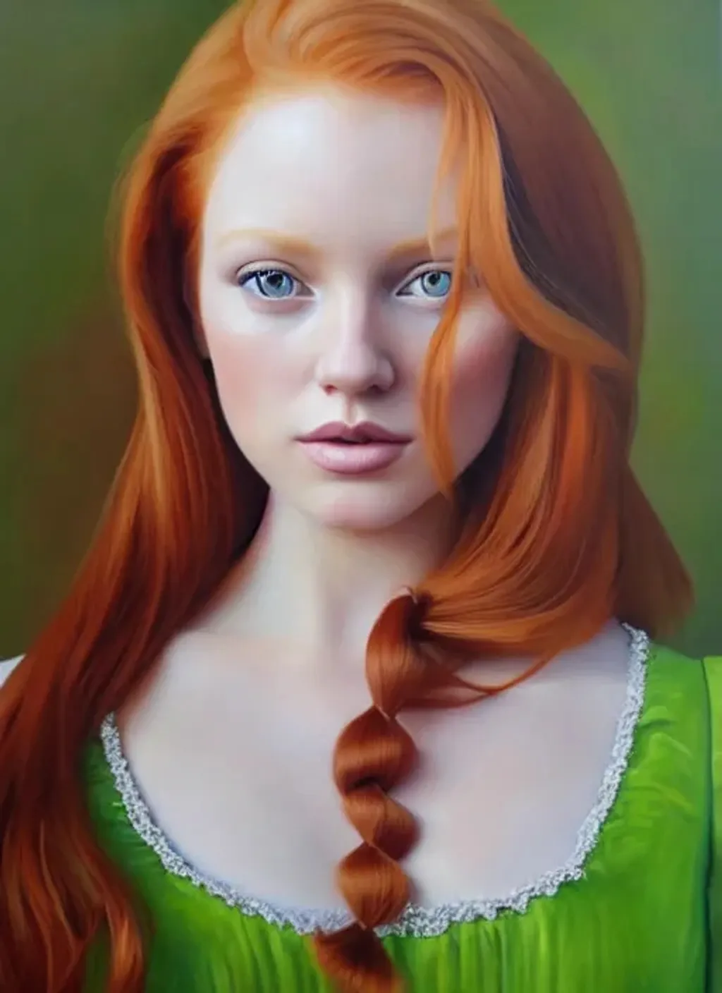 Prompt: Hyper realistic oil paintings of a young woman with ginger hair beautiful symmetrical face, very smooth skin, amazing beauty, very detailed intricate hair, redhead, wide open big eyes, wearing green very detailed princess dress, trending art, 64k, trending on artstation, 