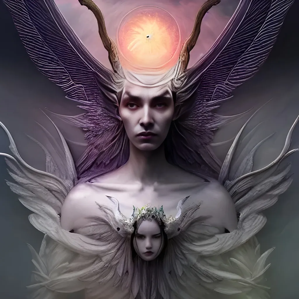 Prompt: beautiful detailed cgi matte painting Lucifer Morningstar emperor of death , by ellen jewett, alessio albi | symmetrical features, ominous, alluring, vivacious, realism, intricate, ornate, royally decorated, organic, growth, whirling nebulas, glowing particles, colorful adornments, colorful torn fabric, radiant colors