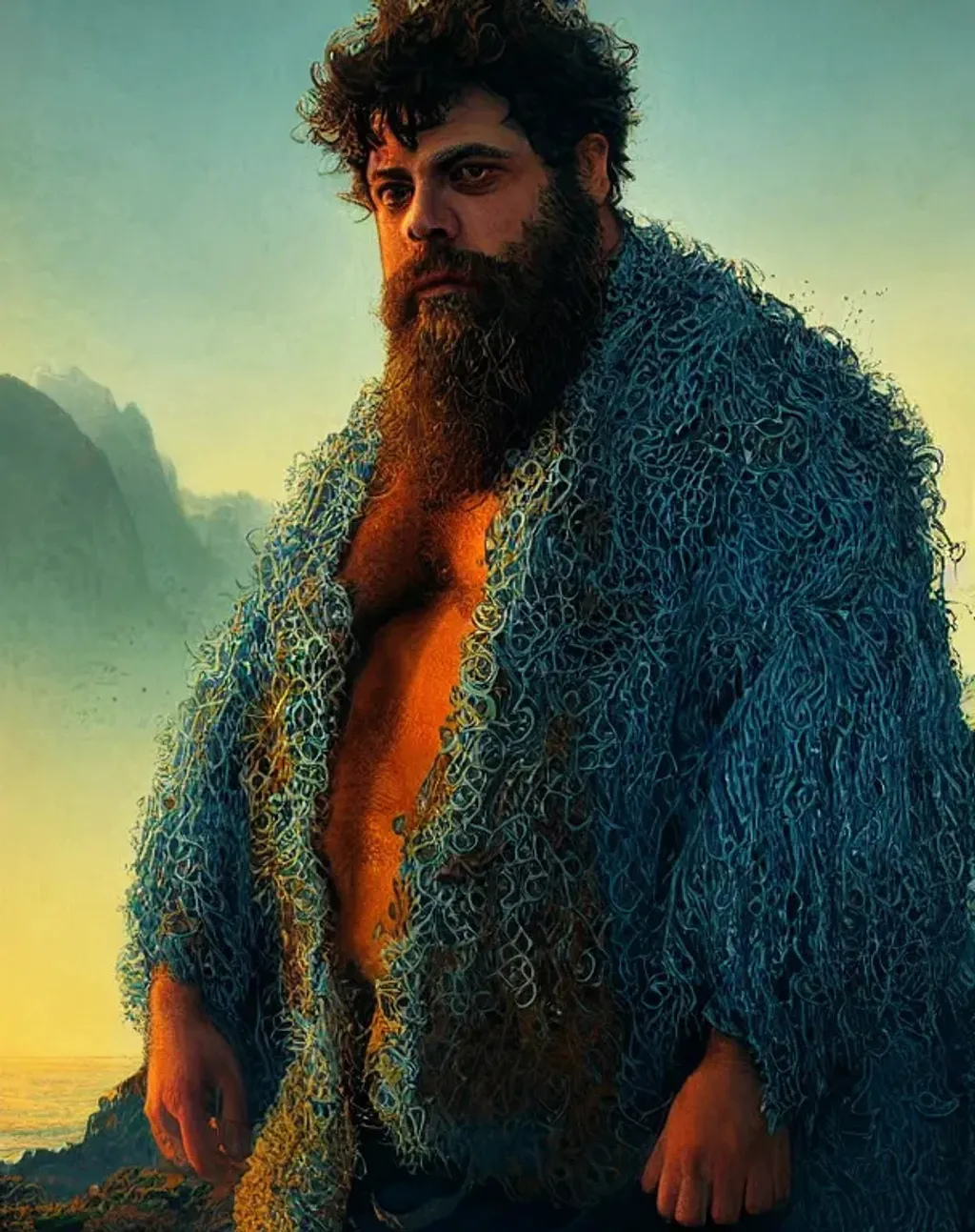 Prompt: Young heavyset cute Oliver Reed, intricate hair, detailed beard, clear intricate face, with glowing runes on the body, glowing lights, orange and cyan lighting, symmetrical, wide eyes, intricate greek landscape, light scattering, breathtaking beauty, intricate detailed environment, dramatic sunset, by Greg Rutkowski