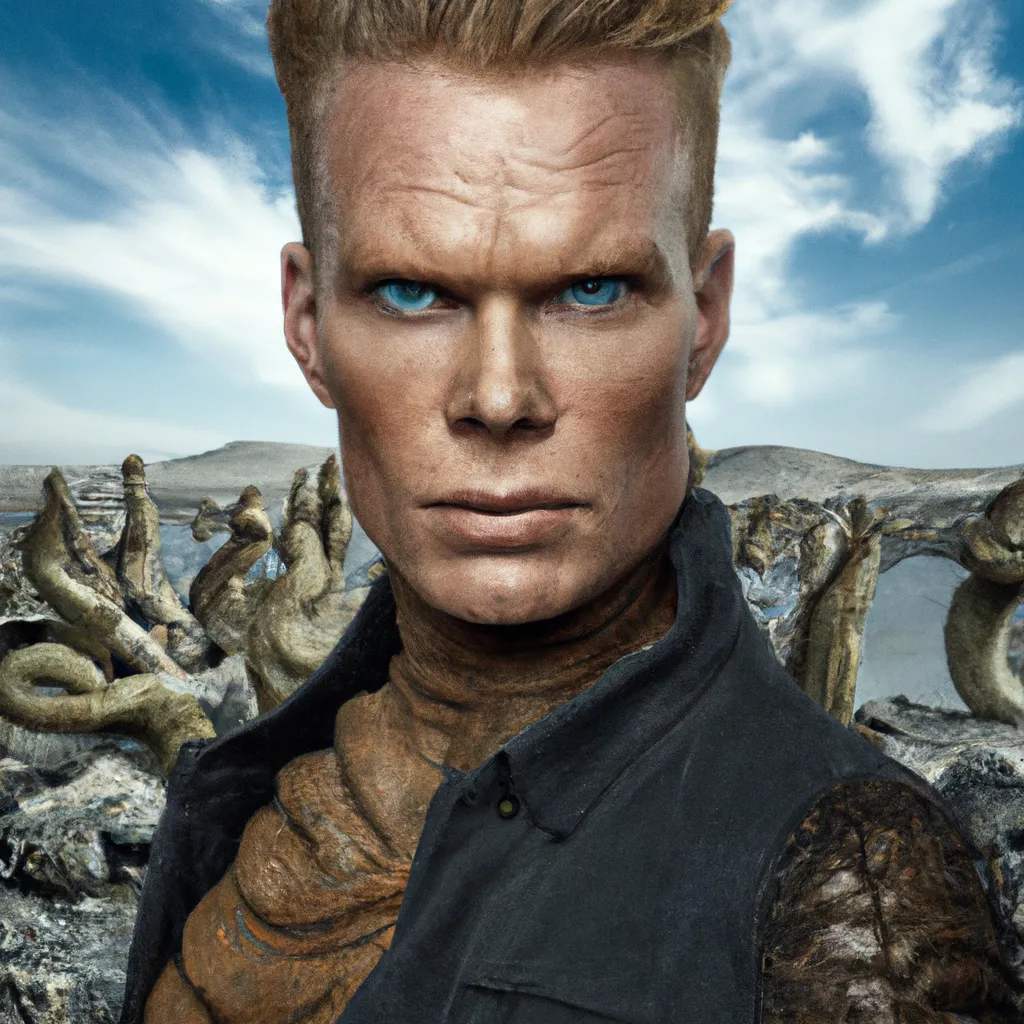 Prompt: Photorealistic portrait of gorgeous male alien monster with spikes on skin feeling angry in aliens movie
dystopian wasteland in background
with flora and fauna
, moody scary , gorgeous symmetrical blue eyes, dark blonde hair, muscular, even skintone, facial asymmetry, rosy cheek, soft lighting, cold lighting, fine-arts photography, award-winning photo, by Martin Schoeller 8k high definition full body