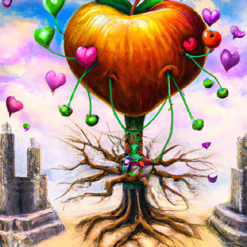 Prompt: Expressive surrealism digital art 

          Tree with hearts and long roots on a big apple

          