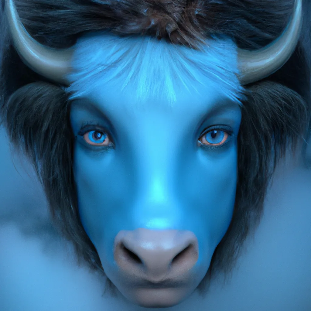 Prompt: A suspenseful photo of a beautiful woman’s head merged with a bison head and rendered in smooth 3D octane render. Blue Liquid mirror lighting, mysterious. Cute, looking at the camera. Photorealistic. Style of Mark Ryden, Zdzislaw Beksinski