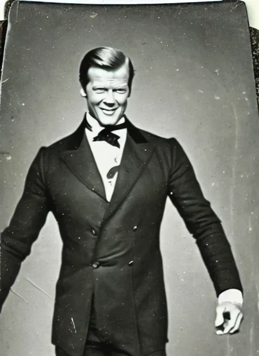 Prompt: Old worn photograph of a Victorian era Roger Moore